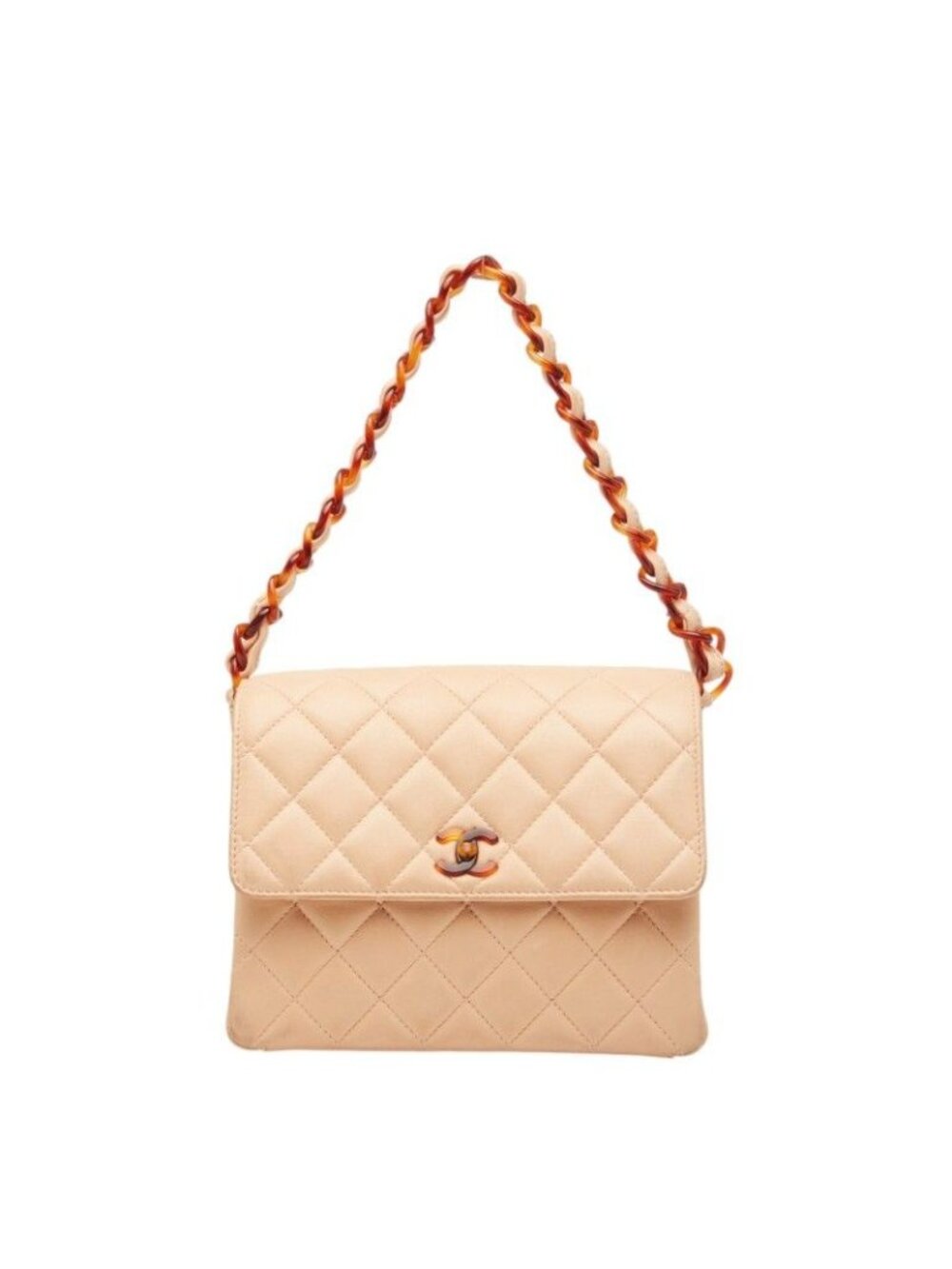 Chanel Quilted CC Logo Chain Shoulder Bag Pink Beige Lambskin Plastic
